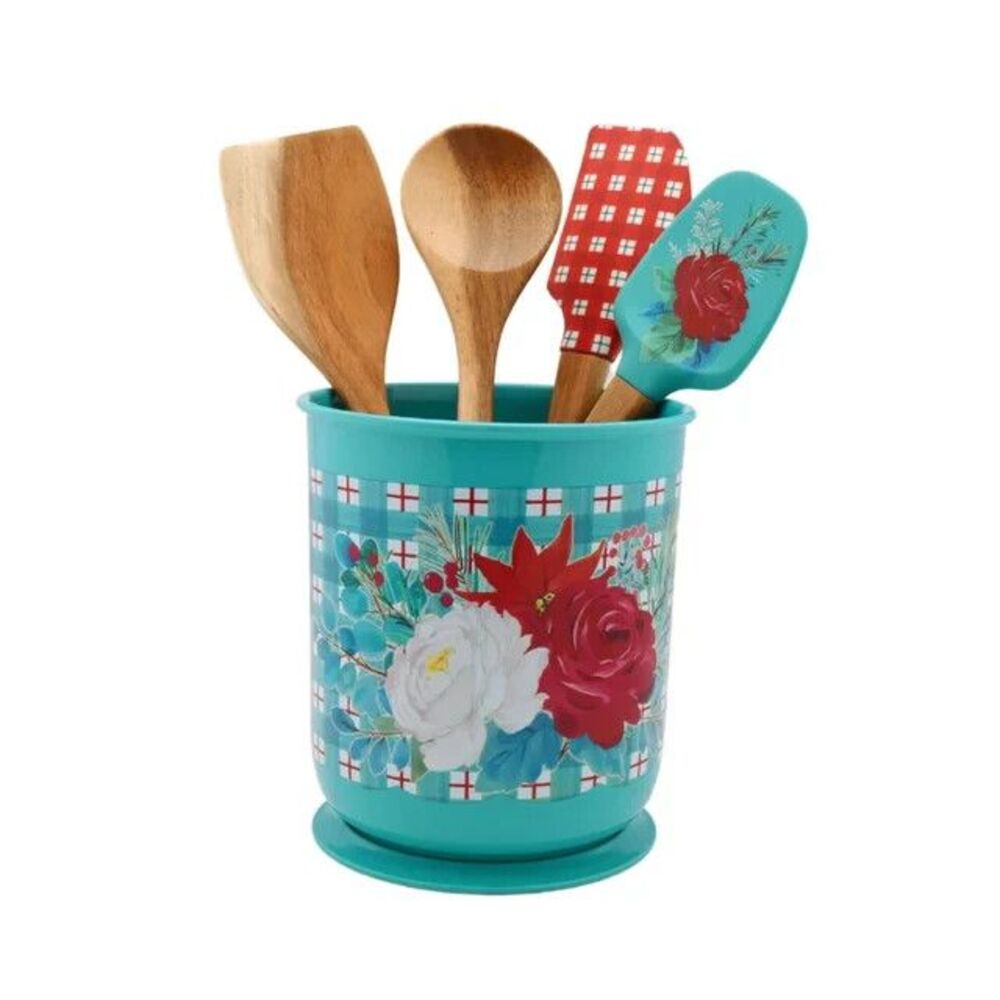 Pioneer Woman Cooking Utensils & Crock 5 Pc Set Wishful Winter Silicone Wood New